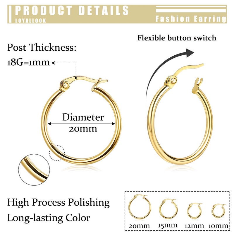 LOYALLOOK Gold Hoop Earrings Stainless Steel Rounded Small Hoop Earrings Set for Women Cute Huggie Earrings Nickel Free 10/12/15/20MM - Image 2